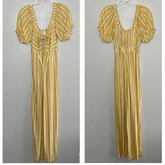 FOREVER 21 Womens Yellow Cream Striped Knotted Jumpsuit NEW Wide-Leg Sz Small S - Picture 4 of 12